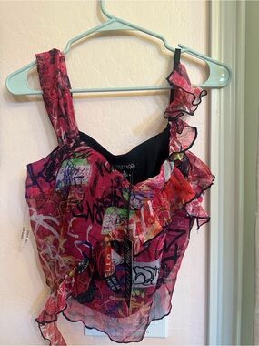 Dolls Kill Current Mood Pink Graffiti Ruffle Camisole NWT